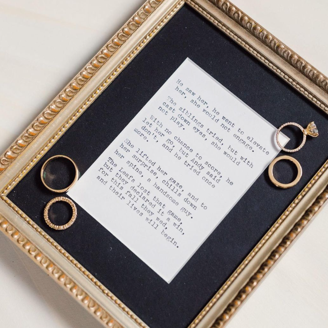 typewriter poem in frame custom written for a couple getting married. personalized poetry for vows and wedding reception entertainment