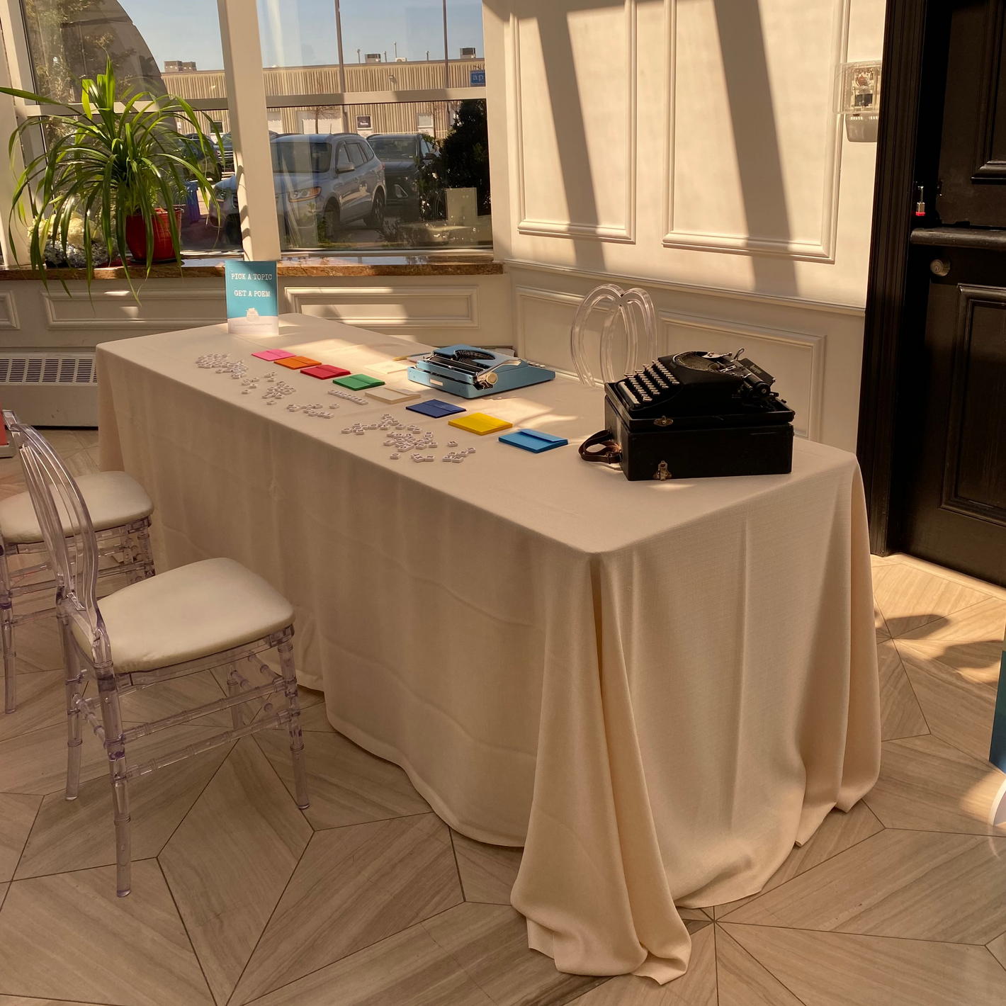 Set up of a typewriter on a table at an event at a trade show